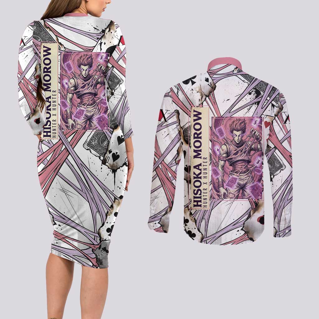 Hisoka Morow Playing Card Theme Couples Matching Long Sleeve Bodycon Dress and Long Sleeve Button Shirt with Magic Aura and Artistic Anime Illustration - The Mazicc