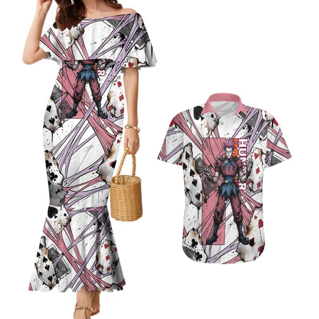 Hisoka Morow Playing Card Theme Couples Matching Mermaid Dress and Hawaiian Shirt with Magic Aura and Artistic Anime Illustration - The Mazicc