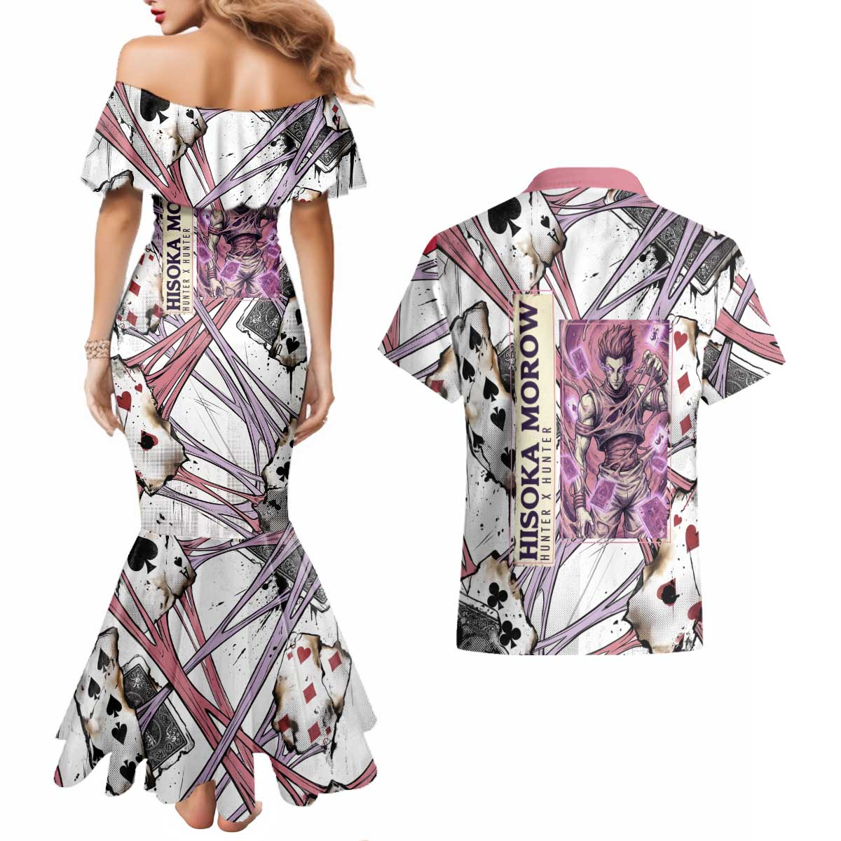 Hisoka Morow Playing Card Theme Couples Matching Mermaid Dress and Hawaiian Shirt with Magic Aura and Artistic Anime Illustration - The Mazicc