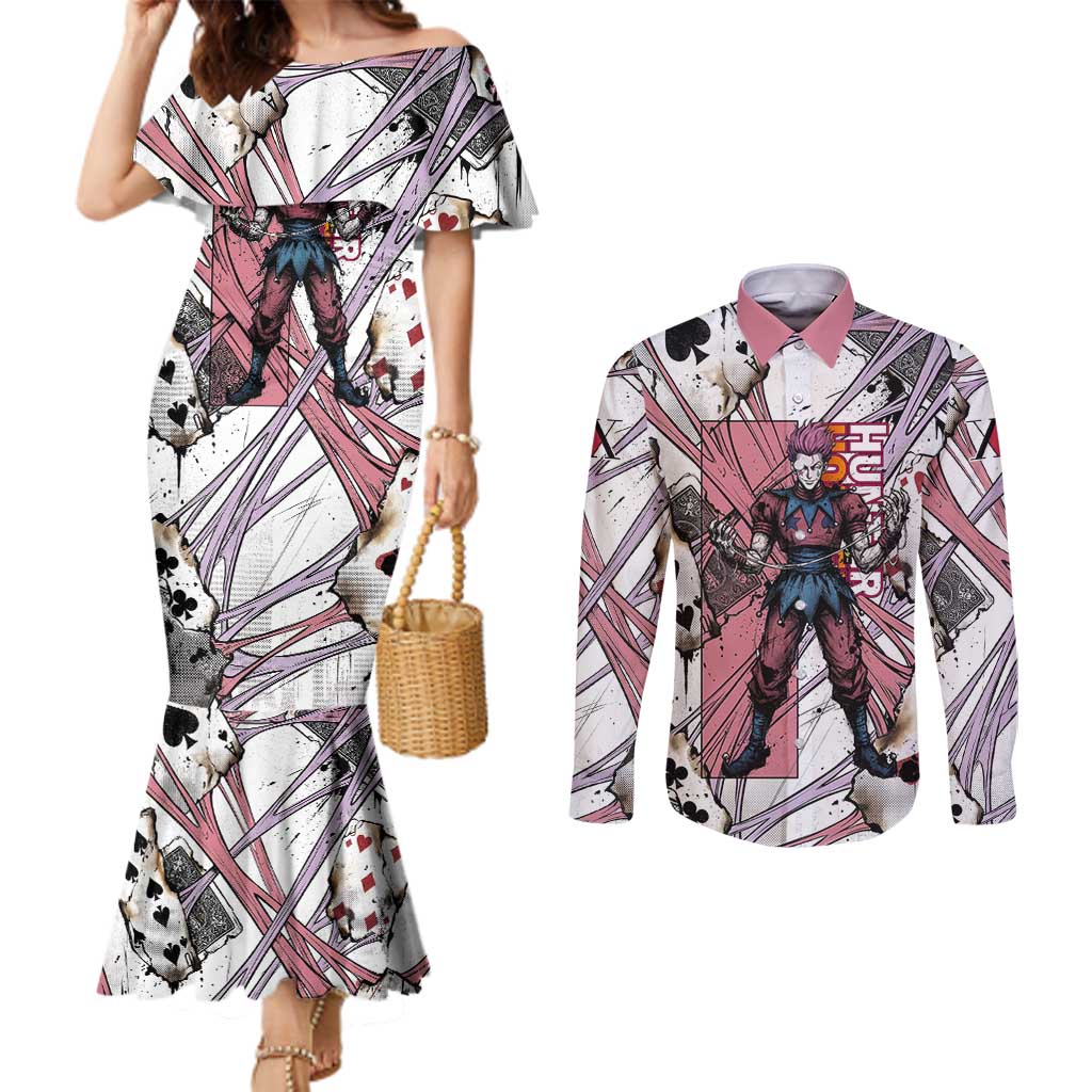 Hisoka Morow Playing Card Theme Couples Matching Mermaid Dress and Long Sleeve Button Shirt with Magic Aura and Artistic Anime Illustration - The Mazicc