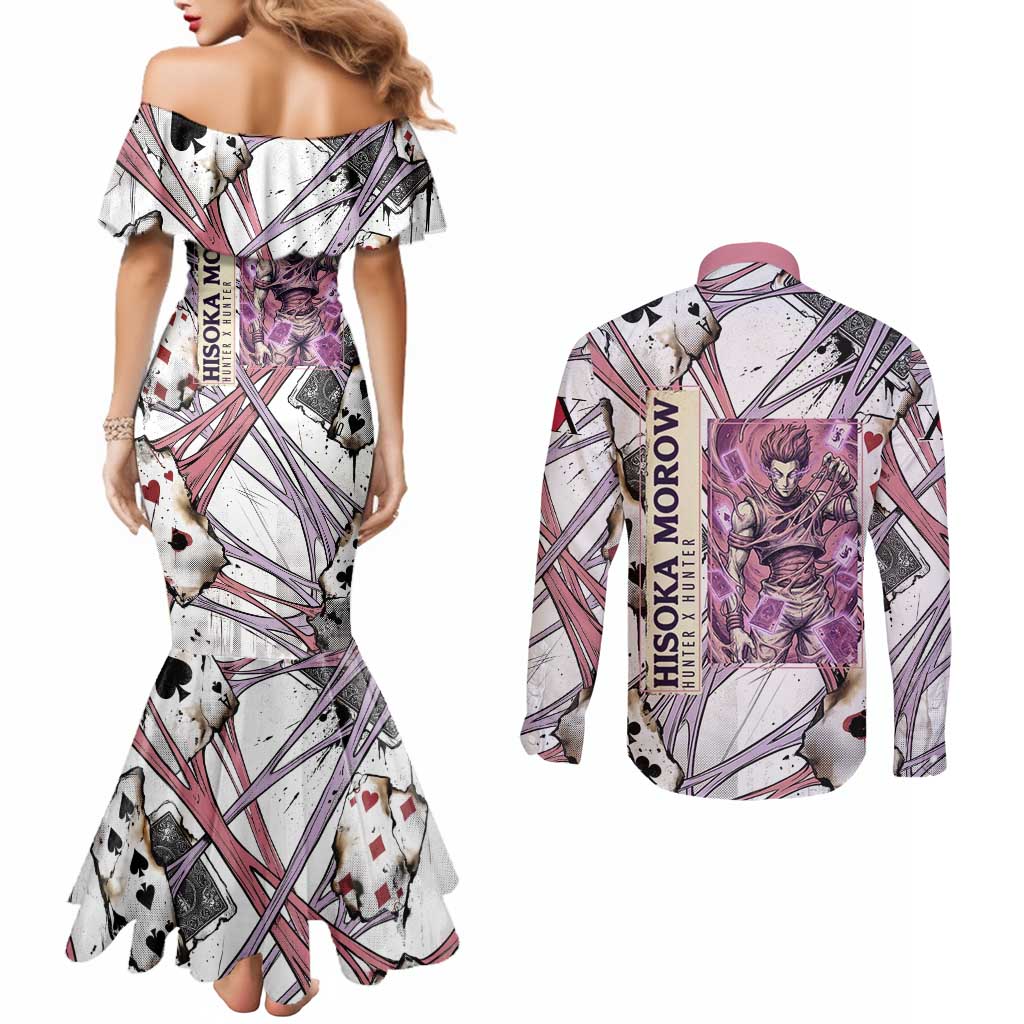 Hisoka Morow Playing Card Theme Couples Matching Mermaid Dress and Long Sleeve Button Shirt with Magic Aura and Artistic Anime Illustration - The Mazicc