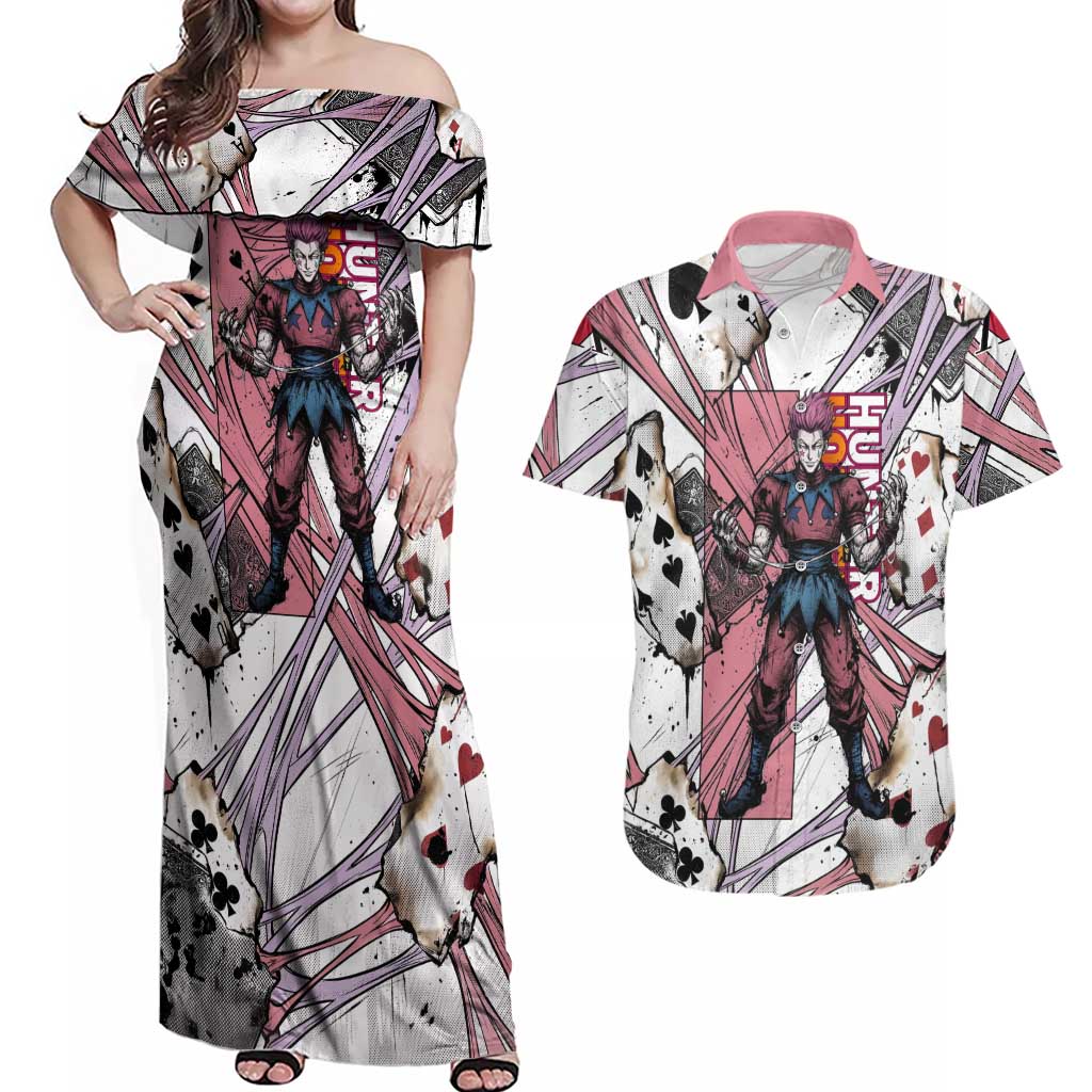 Hisoka Morow Playing Card Theme Couples Matching Off Shoulder Maxi Dress and Hawaiian Shirt with Magic Aura and Artistic Anime Illustration - The Mazicc