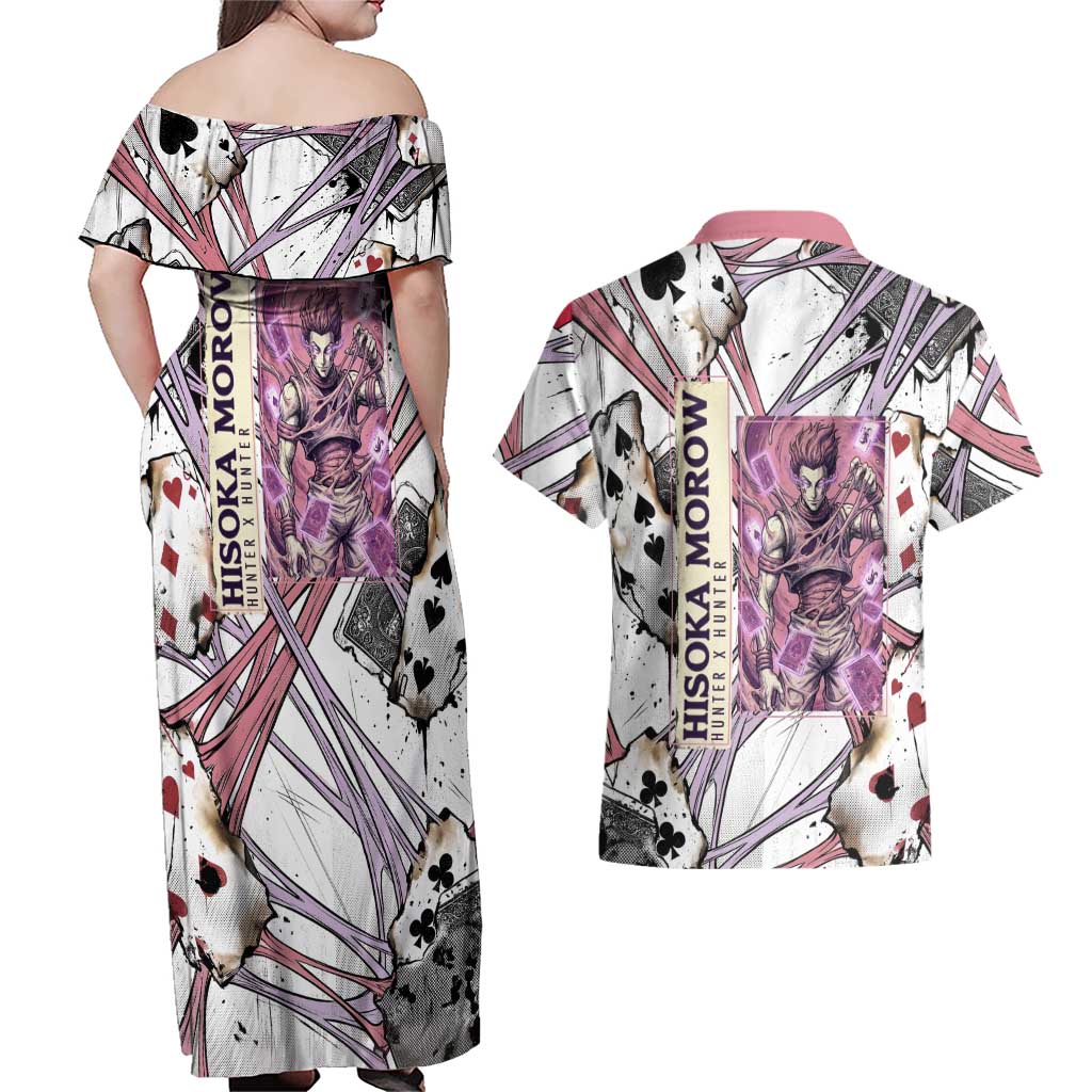 Hisoka Morow Playing Card Theme Couples Matching Off Shoulder Maxi Dress and Hawaiian Shirt with Magic Aura and Artistic Anime Illustration - The Mazicc