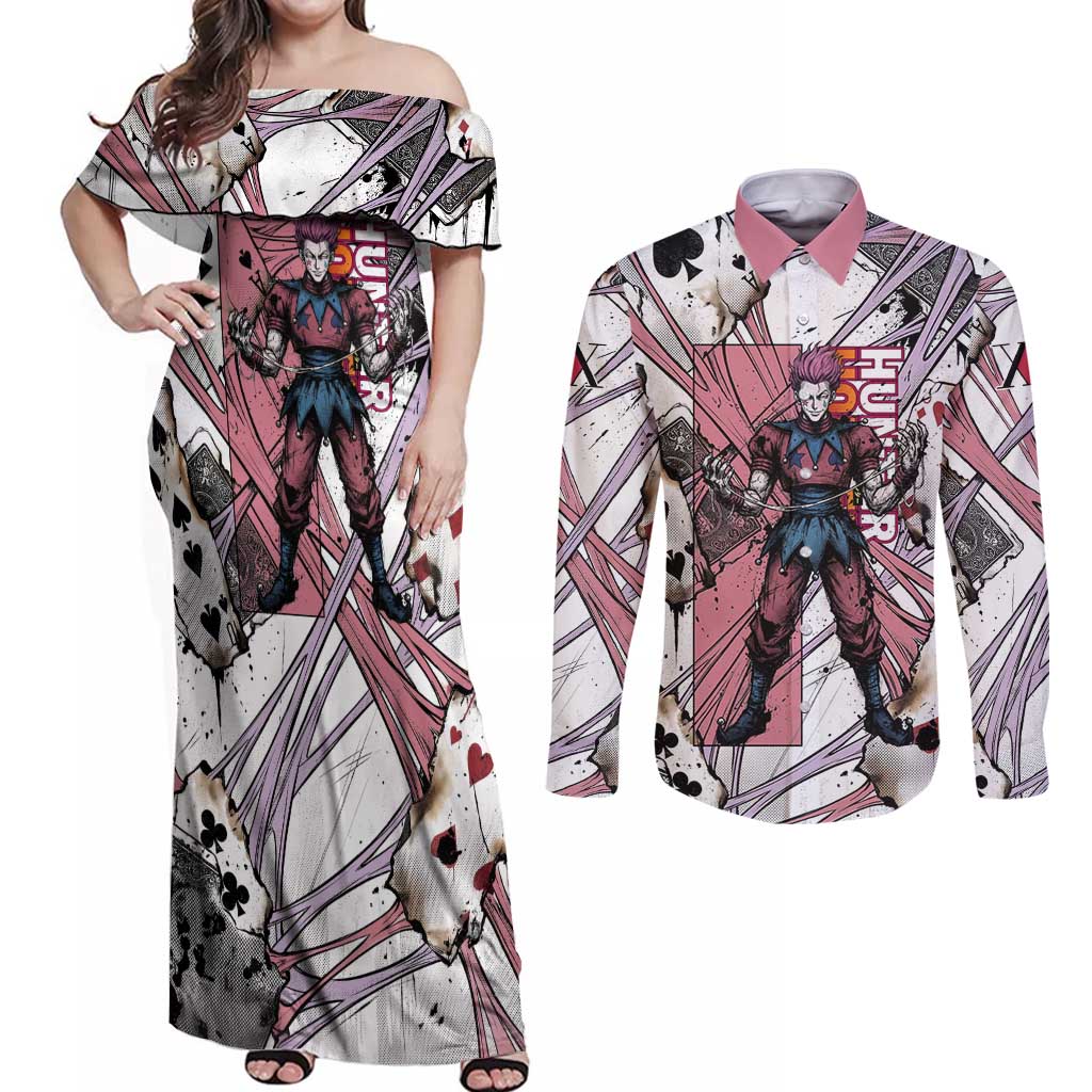 Hisoka Morow Playing Card Theme Couples Matching Off Shoulder Maxi Dress and Long Sleeve Button Shirt with Magic Aura and Artistic Anime Illustration - The Mazicc