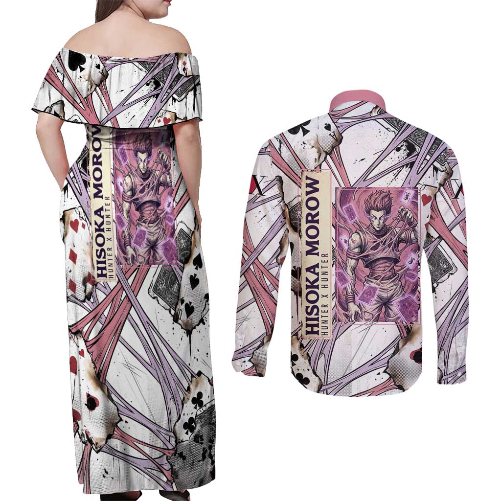Hisoka Morow Playing Card Theme Couples Matching Off Shoulder Maxi Dress and Long Sleeve Button Shirt with Magic Aura and Artistic Anime Illustration - The Mazicc