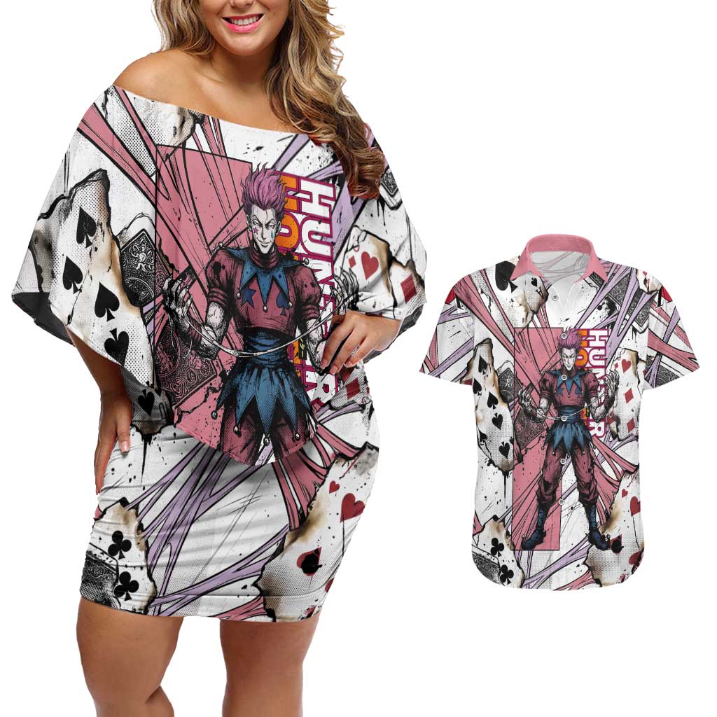 Hisoka Morow Playing Card Theme Couples Matching Off Shoulder Short Dress and Hawaiian Shirt with Magic Aura and Artistic Anime Illustration - The Mazicc