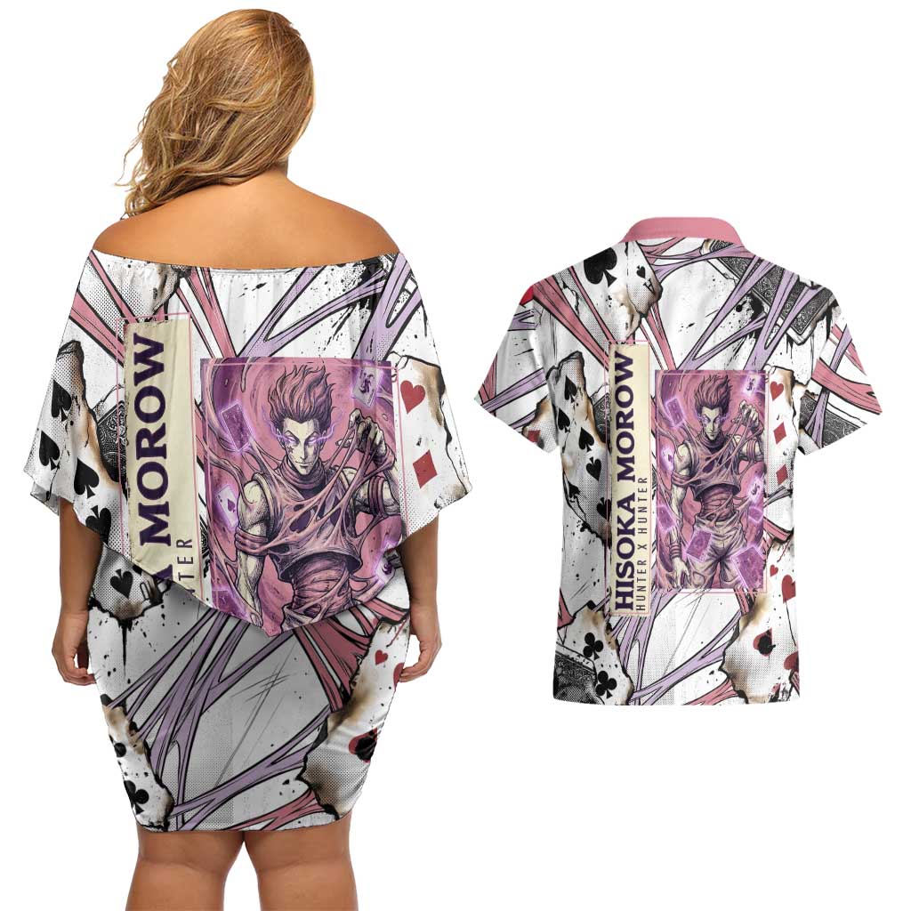 Hisoka Morow Playing Card Theme Couples Matching Off Shoulder Short Dress and Hawaiian Shirt with Magic Aura and Artistic Anime Illustration - The Mazicc