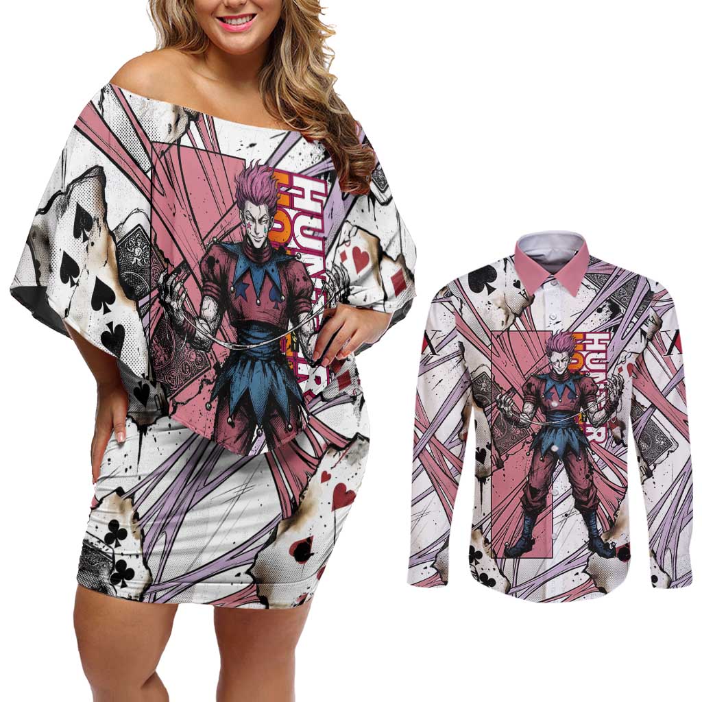 Hisoka Morow Playing Card Theme Couples Matching Off Shoulder Short Dress and Long Sleeve Button Shirt with Magic Aura and Artistic Anime Illustration - The Mazicc