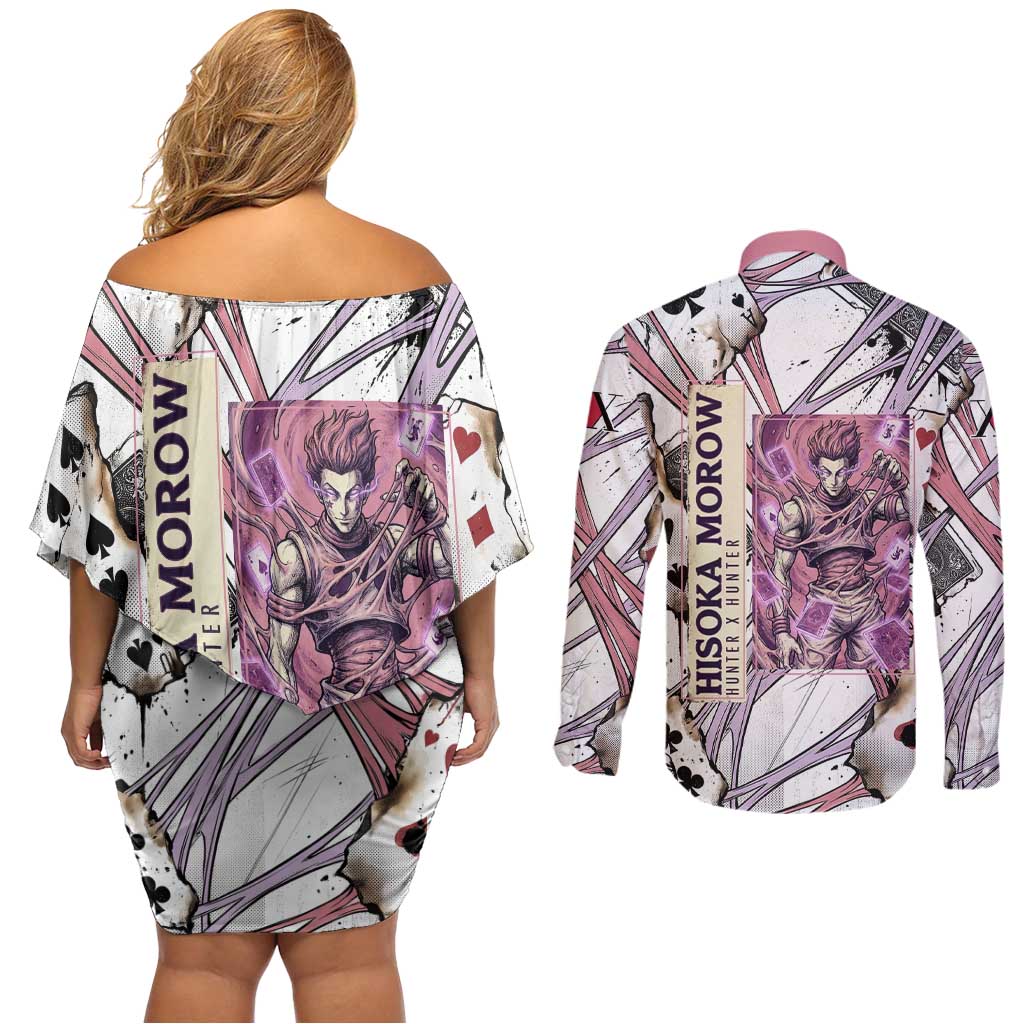 Hisoka Morow Playing Card Theme Couples Matching Off Shoulder Short Dress and Long Sleeve Button Shirt with Magic Aura and Artistic Anime Illustration - The Mazicc
