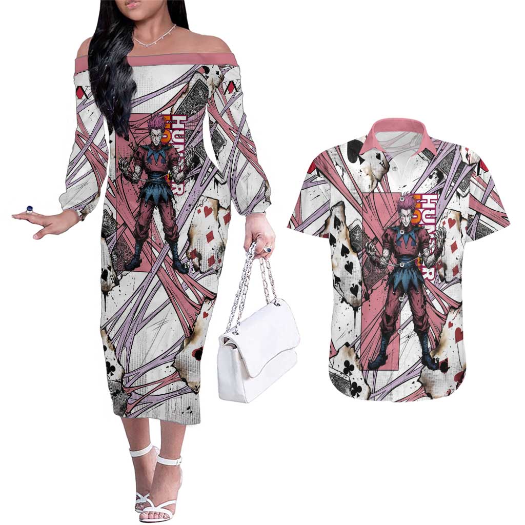 Hisoka Morow Playing Card Theme Couples Matching Off The Shoulder Long Sleeve Dress and Hawaiian Shirt with Magic Aura and Artistic Anime Illustration - The Mazicc