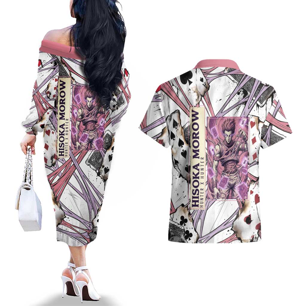 Hisoka Morow Playing Card Theme Couples Matching Off The Shoulder Long Sleeve Dress and Hawaiian Shirt with Magic Aura and Artistic Anime Illustration - The Mazicc