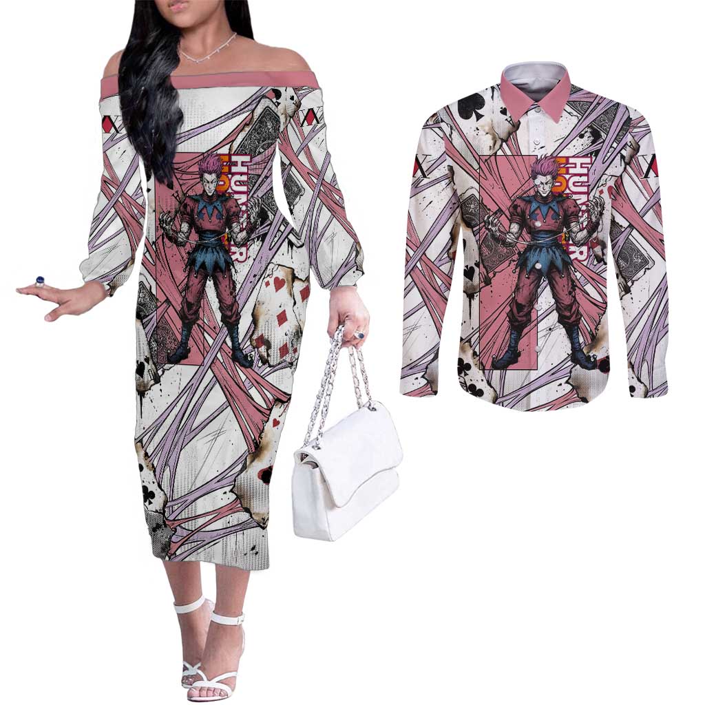 Hisoka Morow Playing Card Theme Couples Matching Off The Shoulder Long Sleeve Dress and Long Sleeve Button Shirt with Magic Aura and Artistic Anime Illustration - The Mazicc