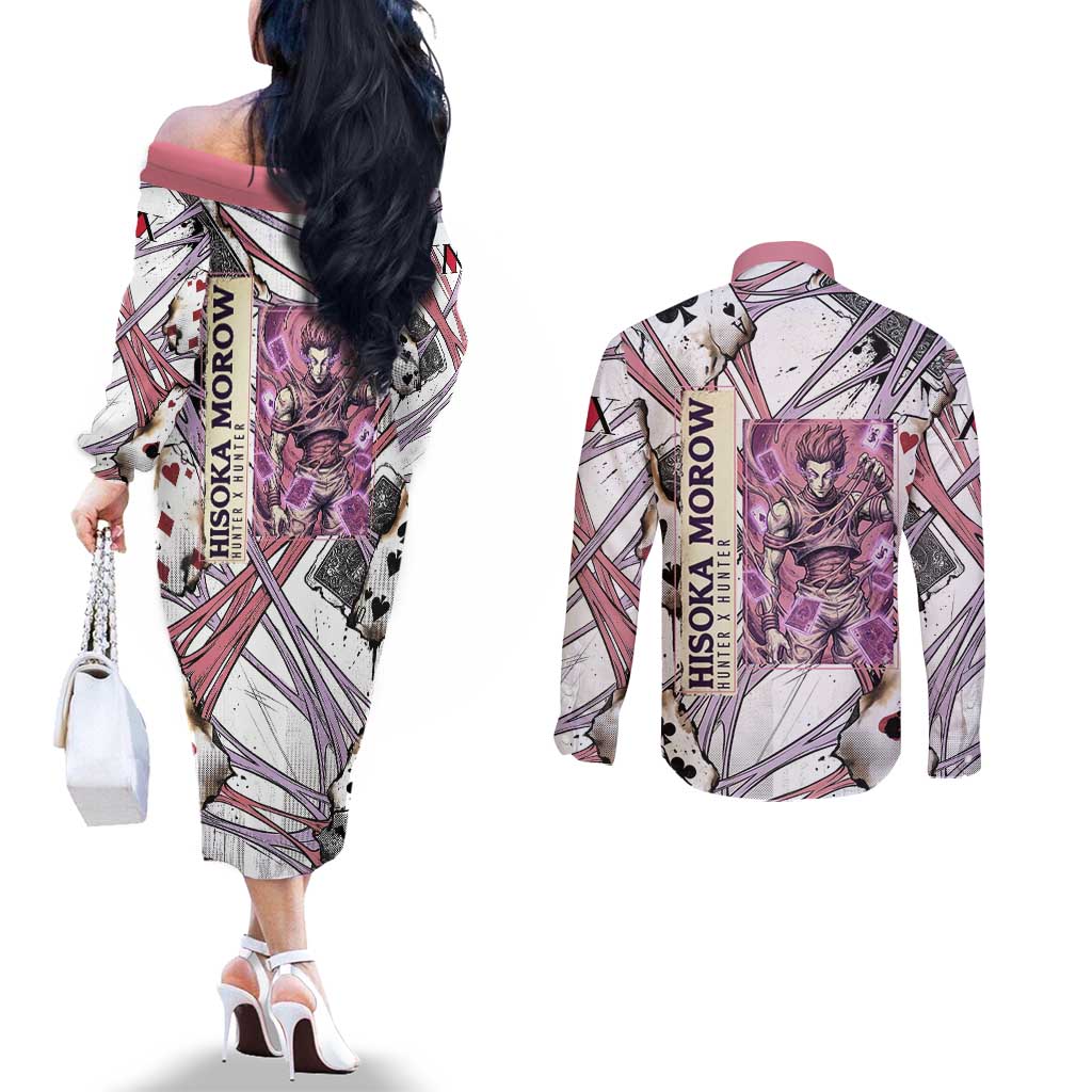 Hisoka Morow Playing Card Theme Couples Matching Off The Shoulder Long Sleeve Dress and Long Sleeve Button Shirt with Magic Aura and Artistic Anime Illustration - The Mazicc