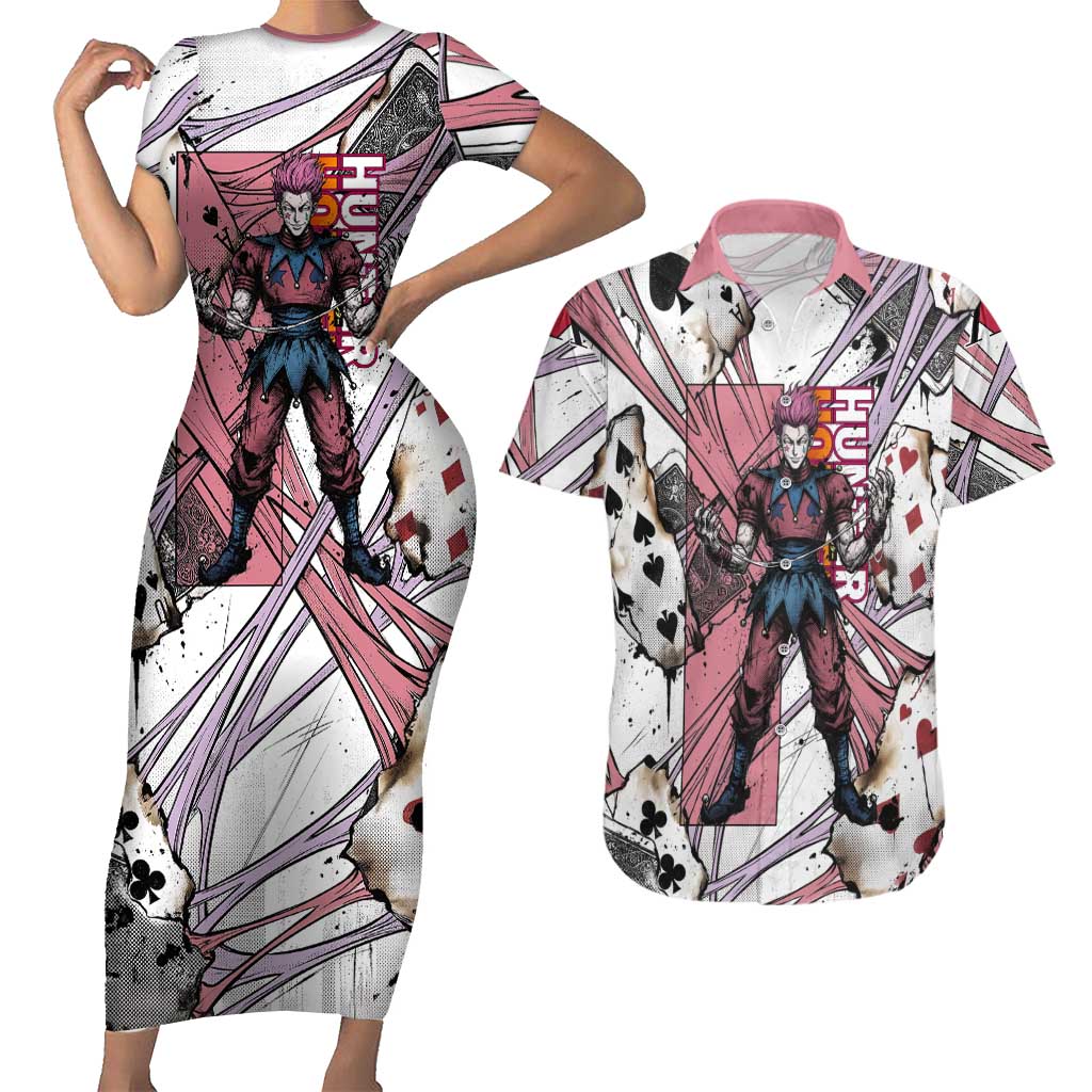 Hisoka Morow Playing Card Theme Couples Matching Short Sleeve Bodycon Dress and Hawaiian Shirt with Magic Aura and Artistic Anime Illustration - The Mazicc