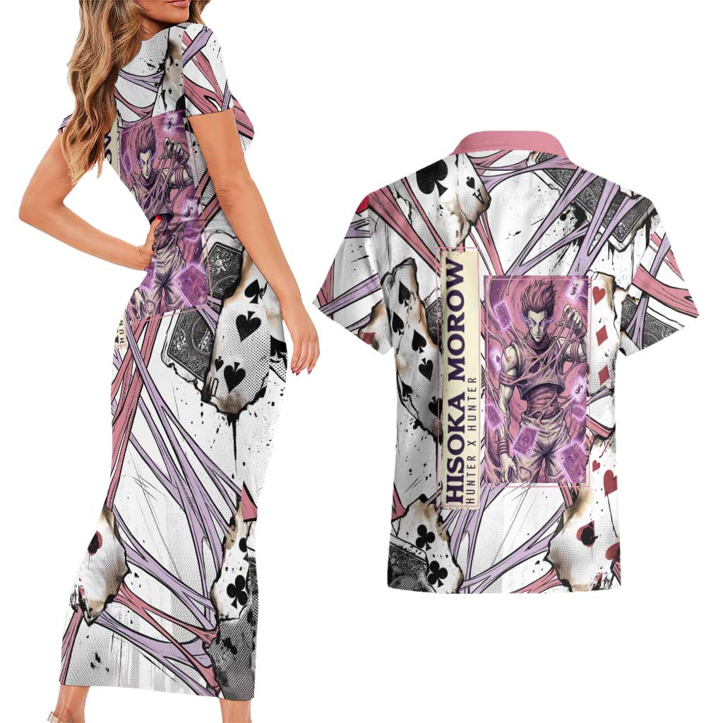 Hisoka Morow Playing Card Theme Couples Matching Short Sleeve Bodycon Dress and Hawaiian Shirt with Magic Aura and Artistic Anime Illustration - The Mazicc