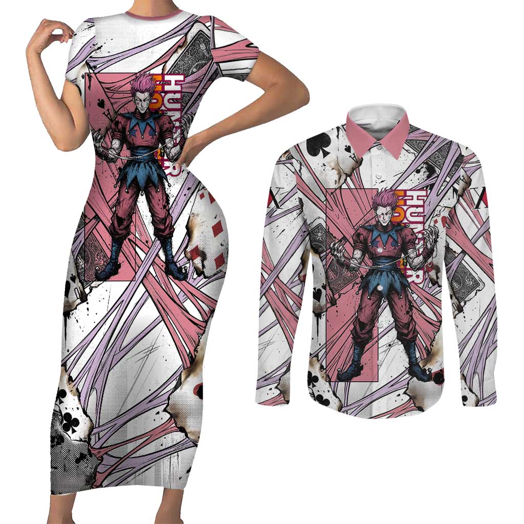 Hisoka Morow Playing Card Theme Couples Matching Short Sleeve Bodycon Dress and Long Sleeve Button Shirt with Magic Aura and Artistic Anime Illustration - The Mazicc