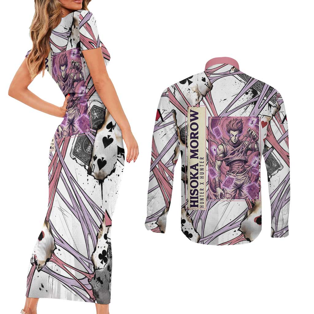 Hisoka Morow Playing Card Theme Couples Matching Short Sleeve Bodycon Dress and Long Sleeve Button Shirt with Magic Aura and Artistic Anime Illustration - The Mazicc