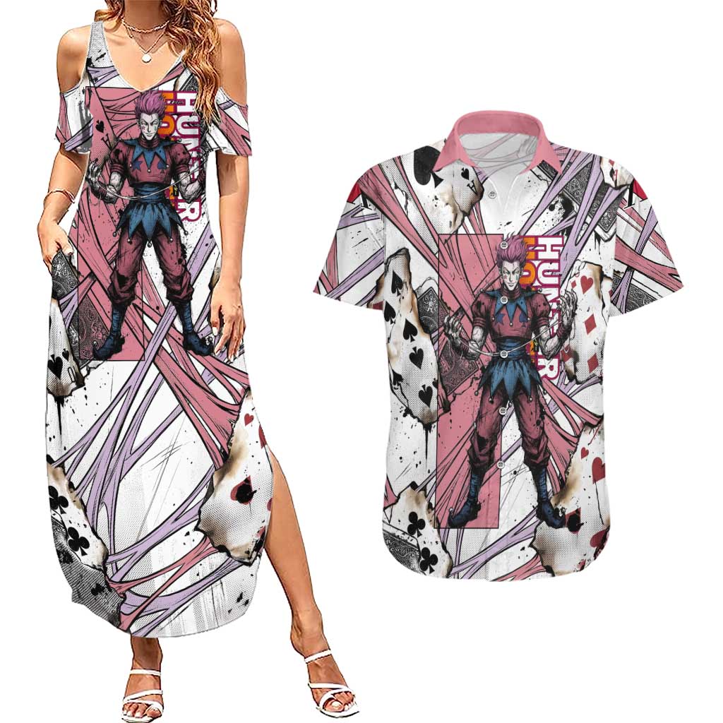 Hisoka Morow Playing Card Theme Couples Matching Summer Maxi Dress and Hawaiian Shirt with Magic Aura and Artistic Anime Illustration - The Mazicc