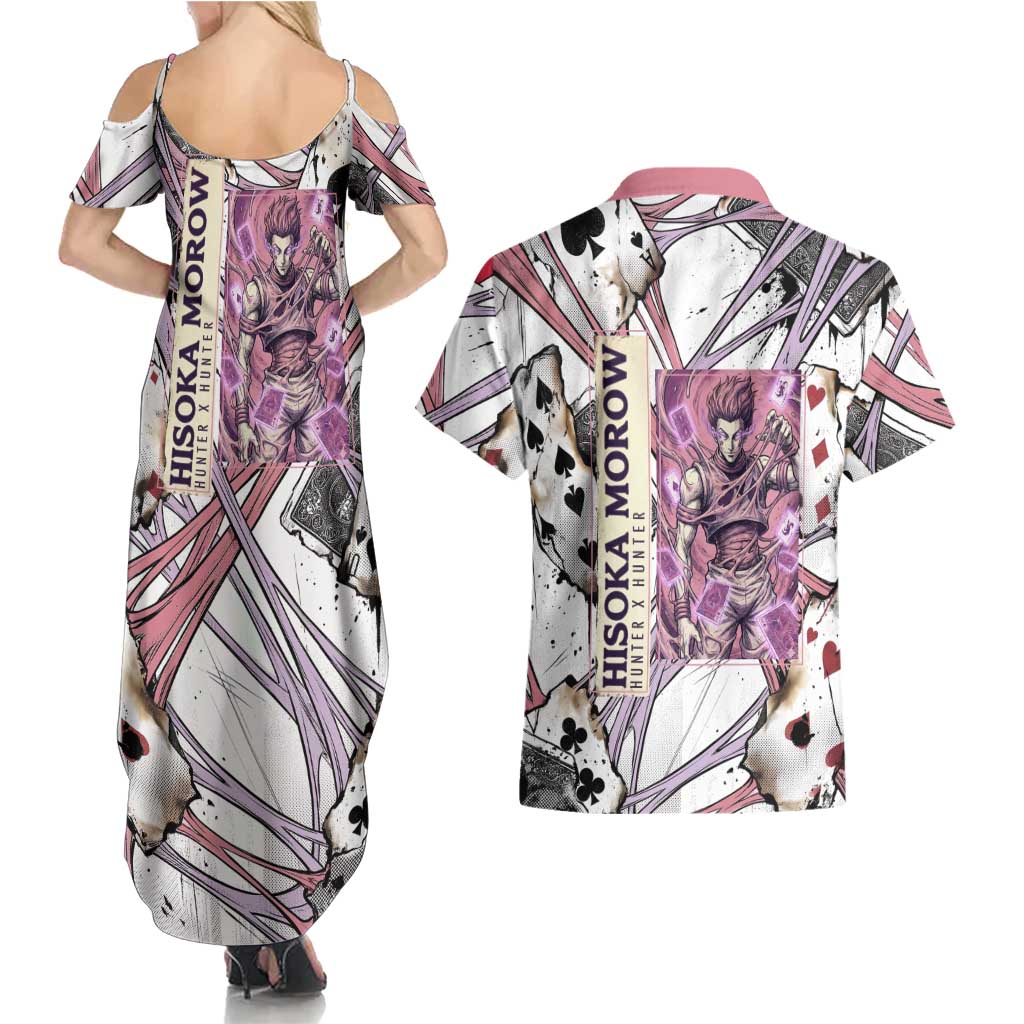 Hisoka Morow Playing Card Theme Couples Matching Summer Maxi Dress and Hawaiian Shirt with Magic Aura and Artistic Anime Illustration - The Mazicc