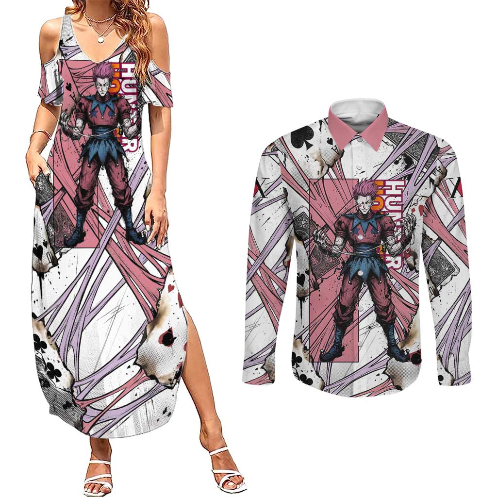 Hisoka Morow Playing Card Theme Couples Matching Summer Maxi Dress and Long Sleeve Button Shirt with Magic Aura and Artistic Anime Illustration - The Mazicc