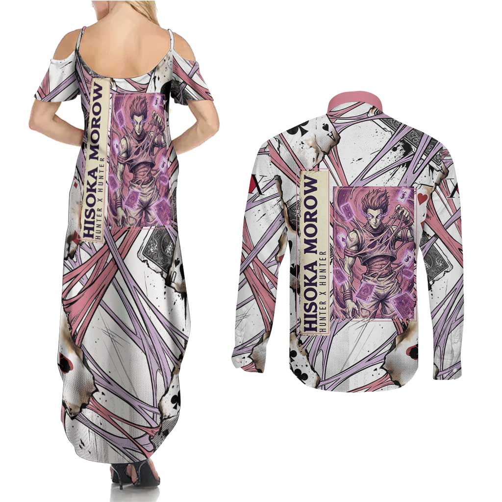 Hisoka Morow Playing Card Theme Couples Matching Summer Maxi Dress and Long Sleeve Button Shirt with Magic Aura and Artistic Anime Illustration - The Mazicc