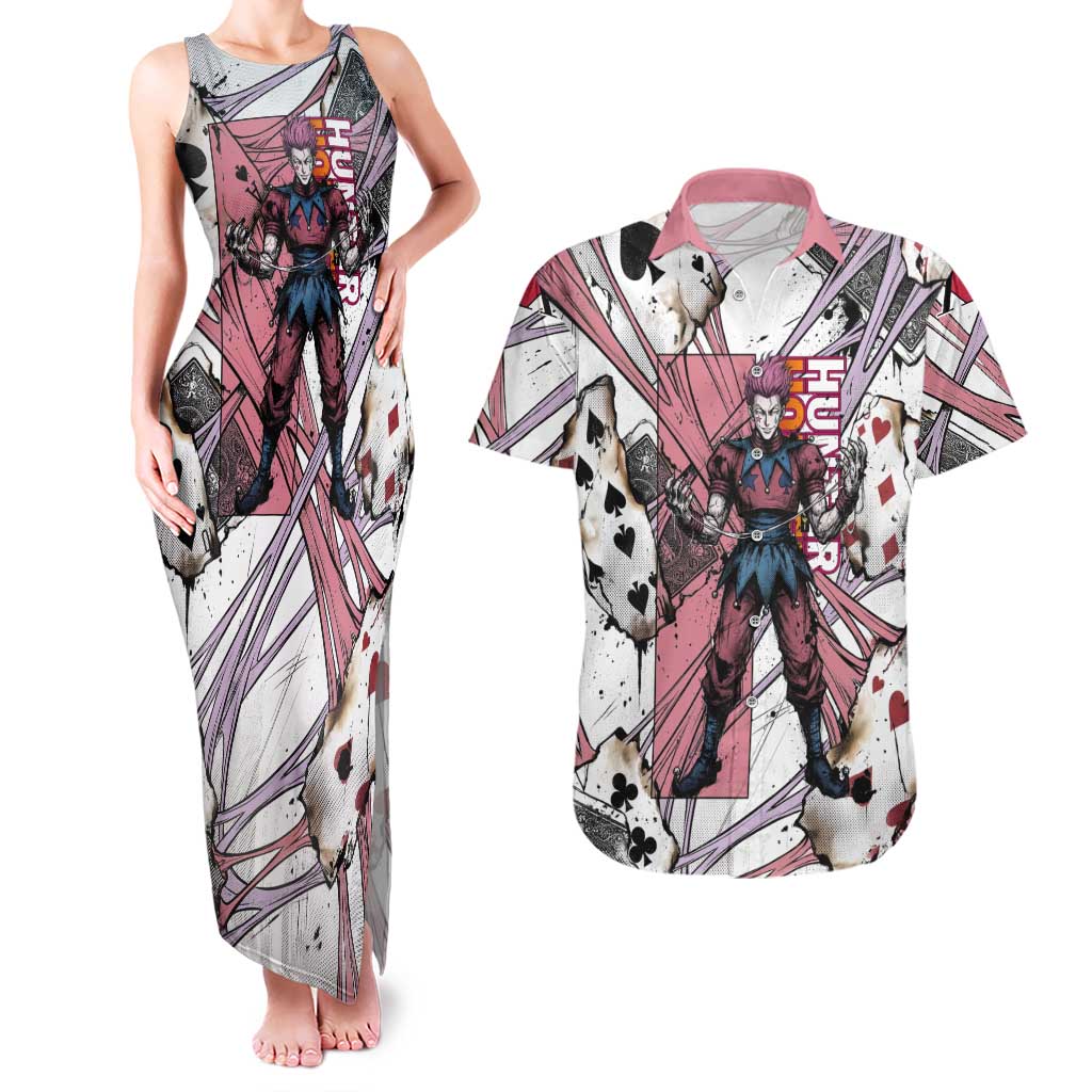 Hisoka Morow Playing Card Theme Couples Matching Tank Maxi Dress and Hawaiian Shirt with Magic Aura and Artistic Anime Illustration - The Mazicc
