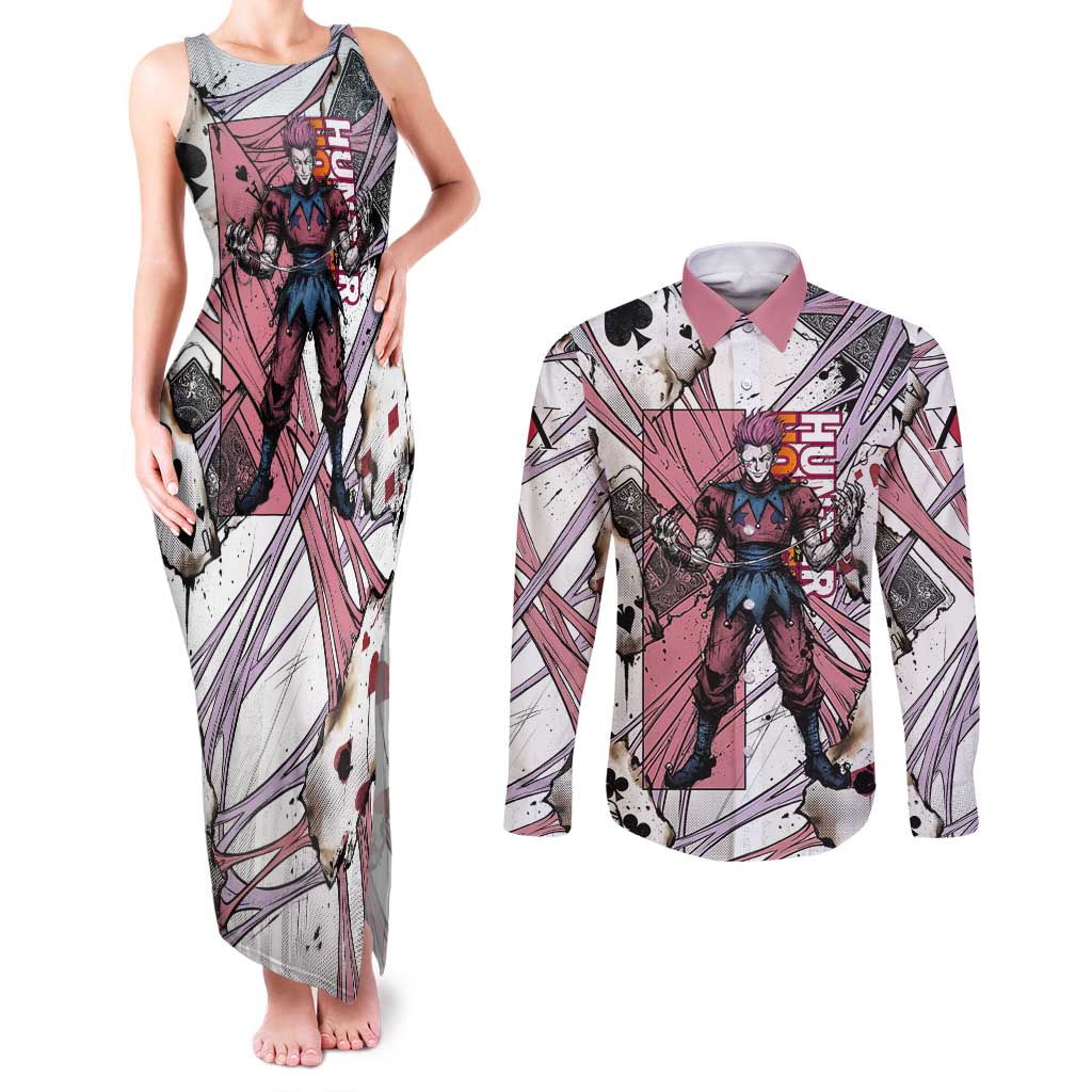 Hisoka Morow Playing Card Theme Couples Matching Tank Maxi Dress and Long Sleeve Button Shirt with Magic Aura and Artistic Anime Illustration - The Mazicc