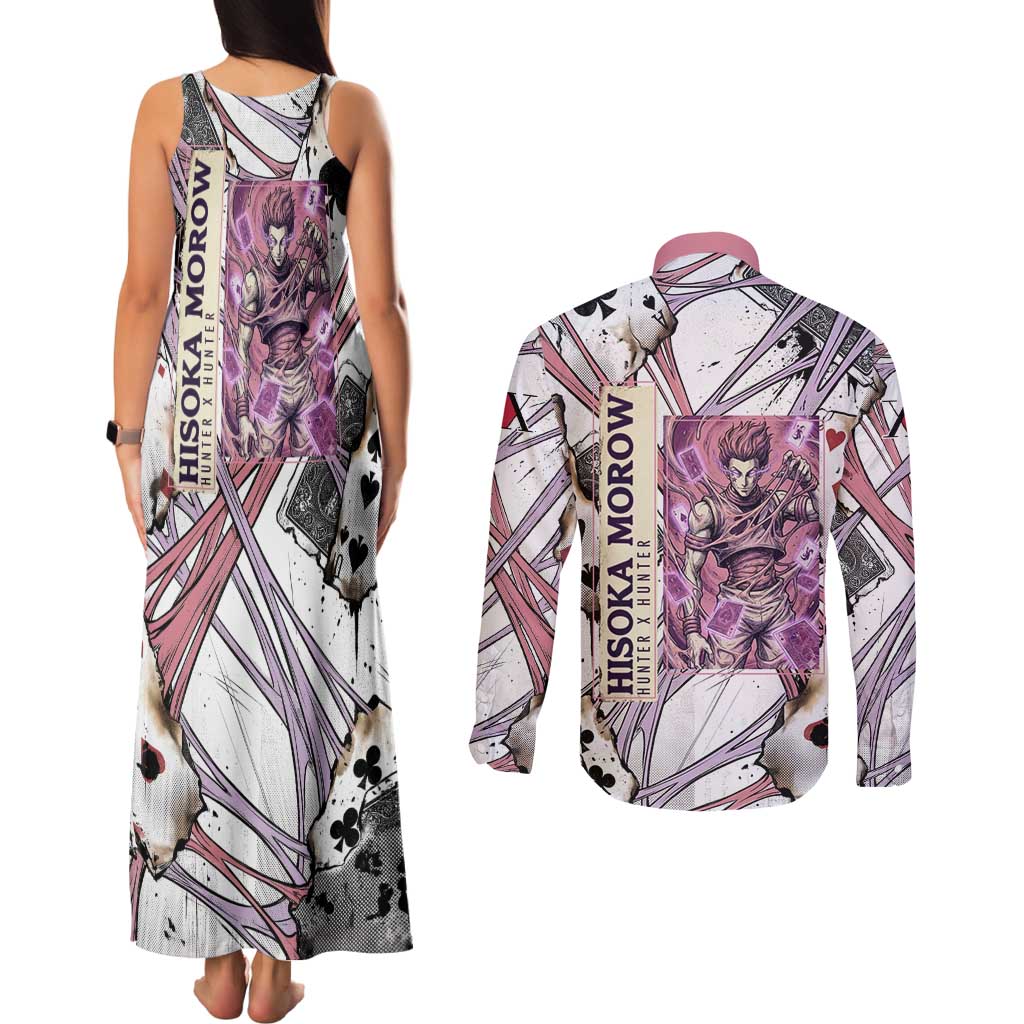 Hisoka Morow Playing Card Theme Couples Matching Tank Maxi Dress and Long Sleeve Button Shirt with Magic Aura and Artistic Anime Illustration - The Mazicc