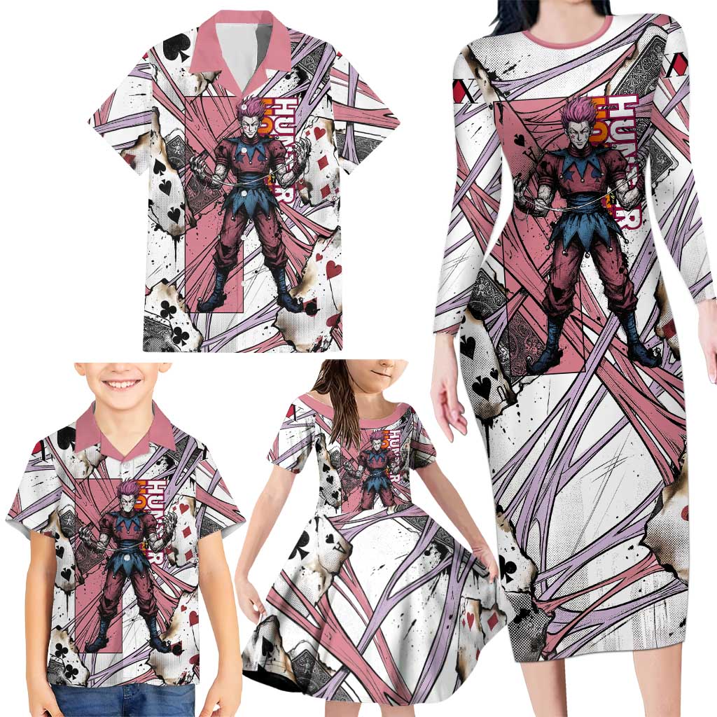 Hisoka Morow Playing Card Theme Family Matching Long Sleeve Bodycon Dress and Hawaiian Shirt with Magic Aura and Artistic Anime Illustration