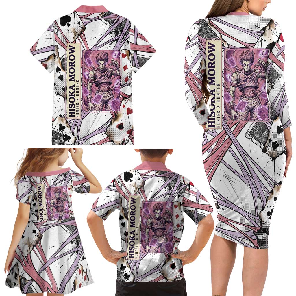 Hisoka Morow Playing Card Theme Family Matching Long Sleeve Bodycon Dress and Hawaiian Shirt with Magic Aura and Artistic Anime Illustration