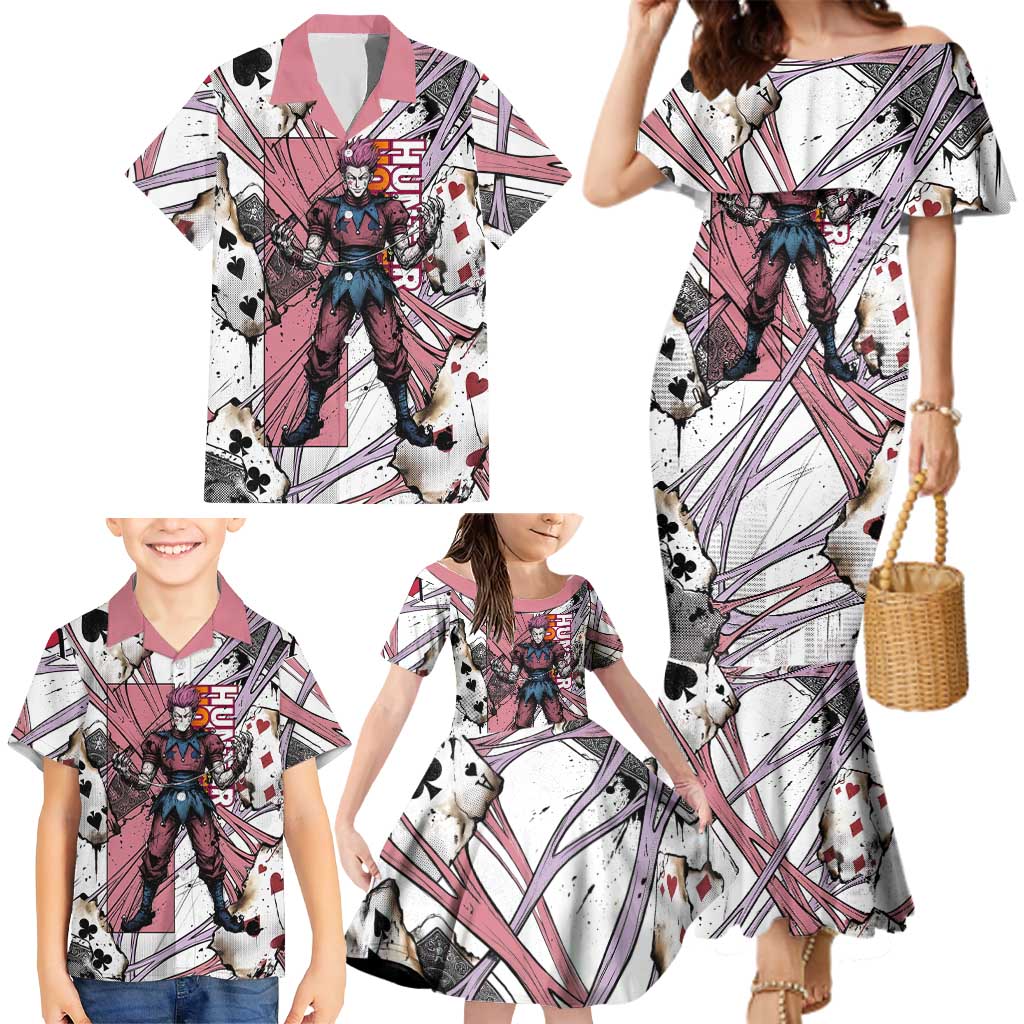 Hisoka Morow Playing Card Theme Family Matching Mermaid Dress and Hawaiian Shirt with Magic Aura and Artistic Anime Illustration