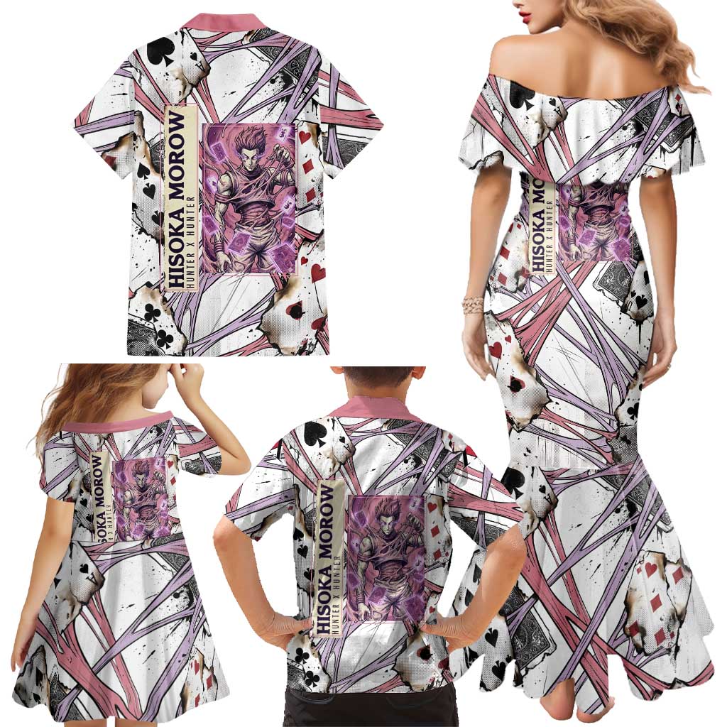 Hisoka Morow Playing Card Theme Family Matching Mermaid Dress and Hawaiian Shirt with Magic Aura and Artistic Anime Illustration