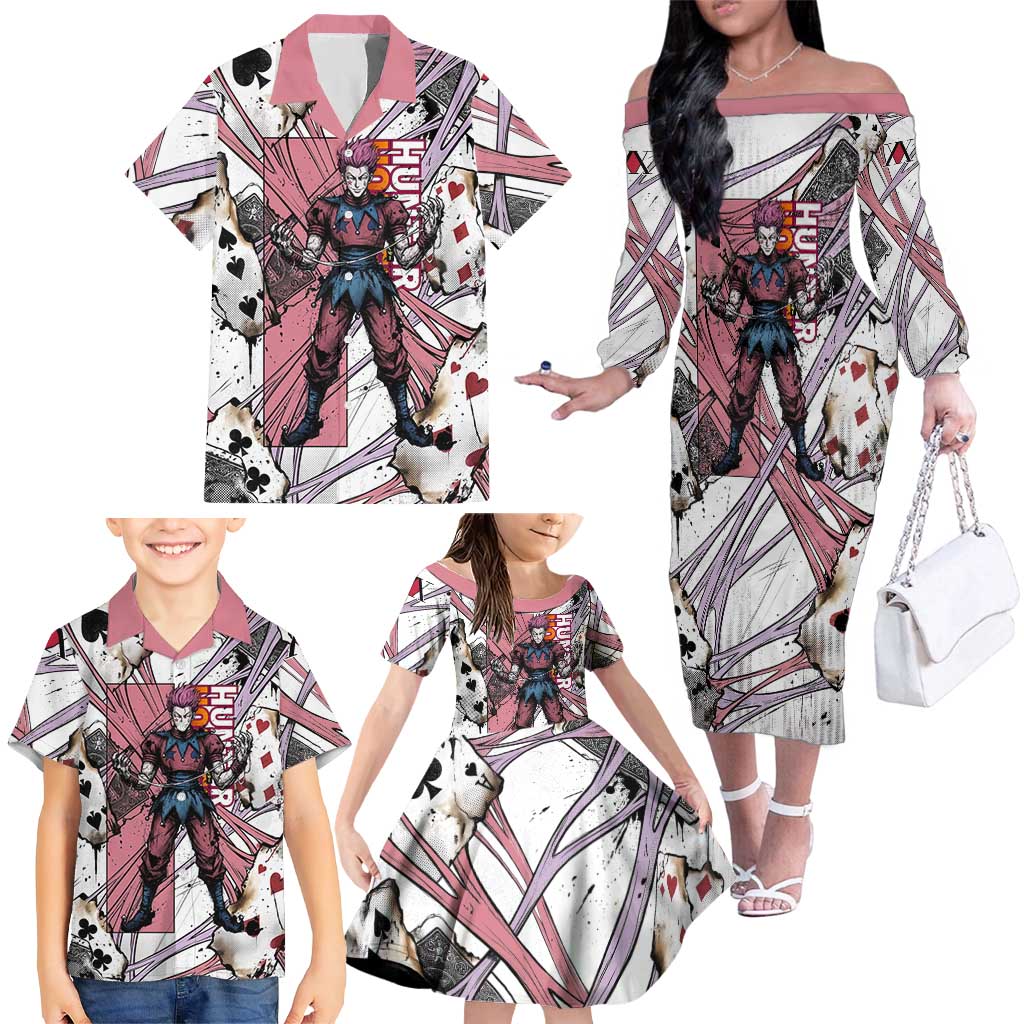 Hisoka Morow Playing Card Theme Family Matching Off The Shoulder Long Sleeve Dress and Hawaiian Shirt with Magic Aura and Artistic Anime Illustration