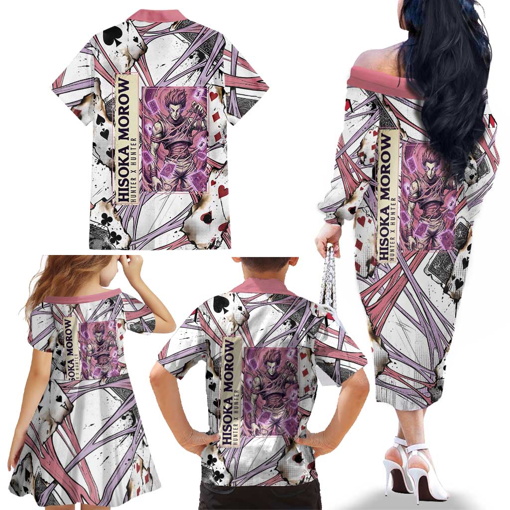Hisoka Morow Playing Card Theme Family Matching Off The Shoulder Long Sleeve Dress and Hawaiian Shirt with Magic Aura and Artistic Anime Illustration
