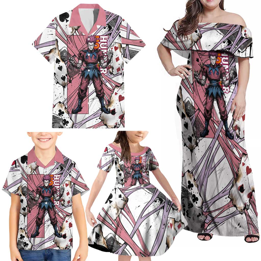 Hisoka Morow Playing Card Theme Family Matching Off Shoulder Maxi Dress and Hawaiian Shirt with Magic Aura and Artistic Anime Illustration