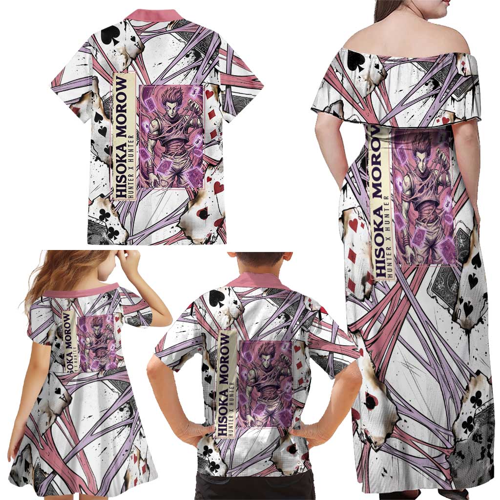 Hisoka Morow Playing Card Theme Family Matching Off Shoulder Maxi Dress and Hawaiian Shirt with Magic Aura and Artistic Anime Illustration