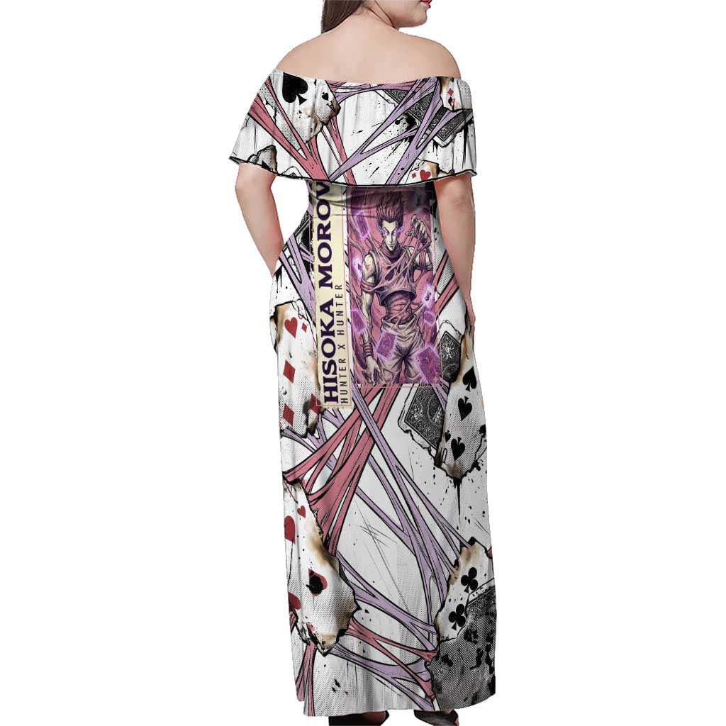 Hisoka Morow Playing Card Theme Family Matching Off Shoulder Maxi Dress and Hawaiian Shirt with Magic Aura and Artistic Anime Illustration