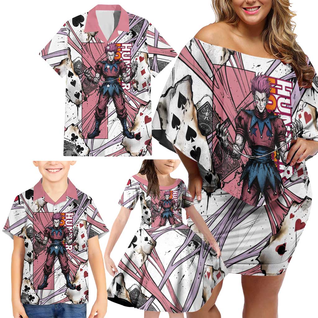 Hisoka Morow Playing Card Theme Family Matching Off Shoulder Short Dress and Hawaiian Shirt with Magic Aura and Artistic Anime Illustration