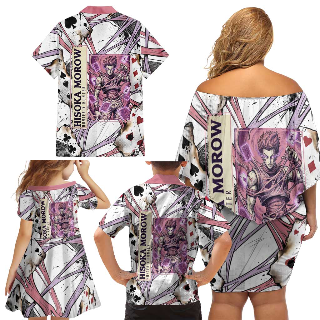 Hisoka Morow Playing Card Theme Family Matching Off Shoulder Short Dress and Hawaiian Shirt with Magic Aura and Artistic Anime Illustration