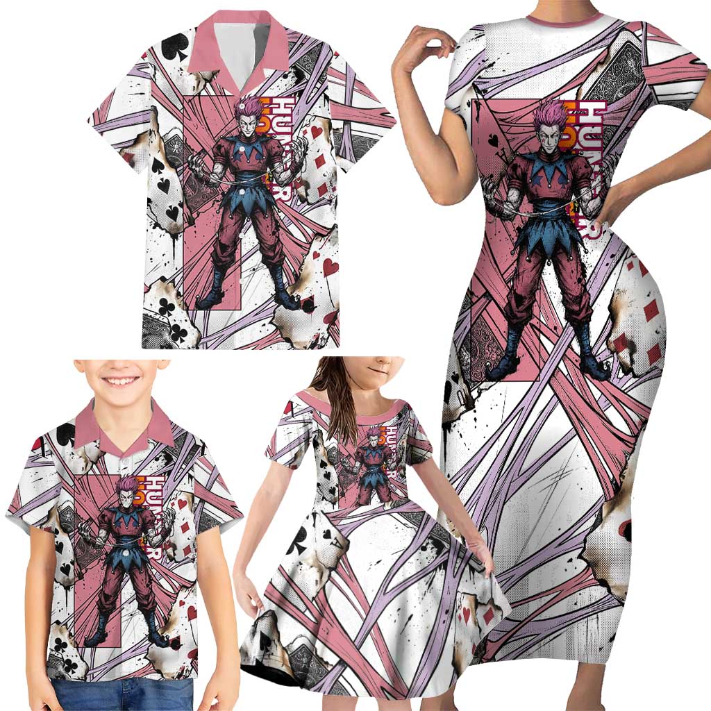 Hisoka Morow Playing Card Theme Family Matching Short Sleeve Bodycon Dress and Hawaiian Shirt with Magic Aura and Artistic Anime Illustration