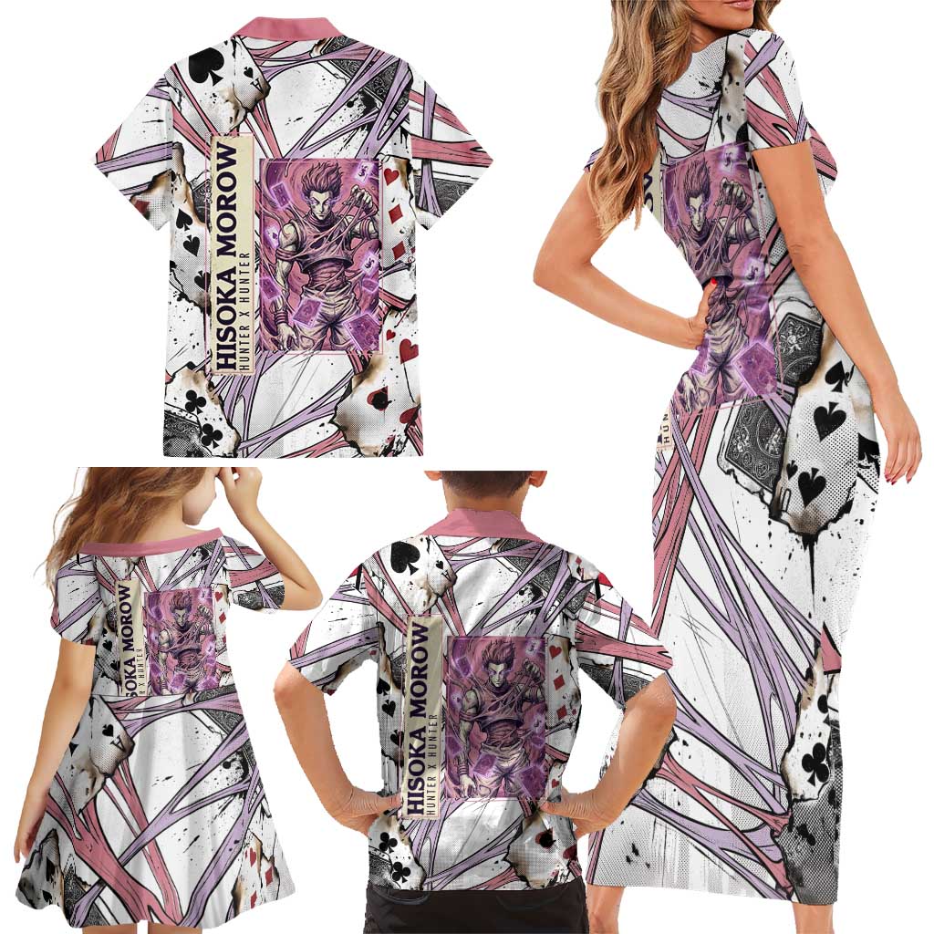 Hisoka Morow Playing Card Theme Family Matching Short Sleeve Bodycon Dress and Hawaiian Shirt with Magic Aura and Artistic Anime Illustration