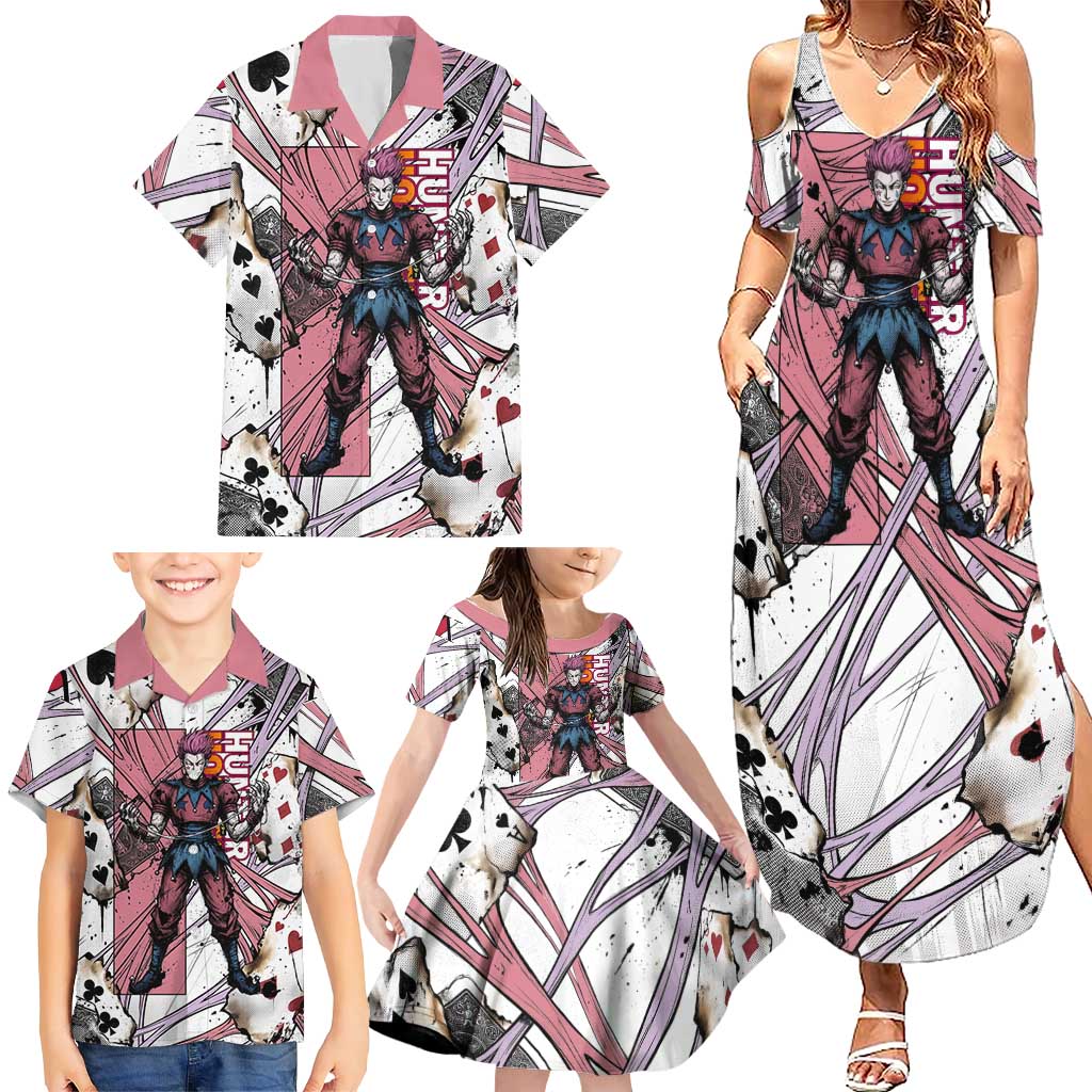 Hisoka Morow Playing Card Theme Family Matching Summer Maxi Dress and Hawaiian Shirt with Magic Aura and Artistic Anime Illustration