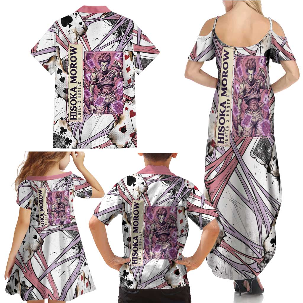 Hisoka Morow Playing Card Theme Family Matching Summer Maxi Dress and Hawaiian Shirt with Magic Aura and Artistic Anime Illustration