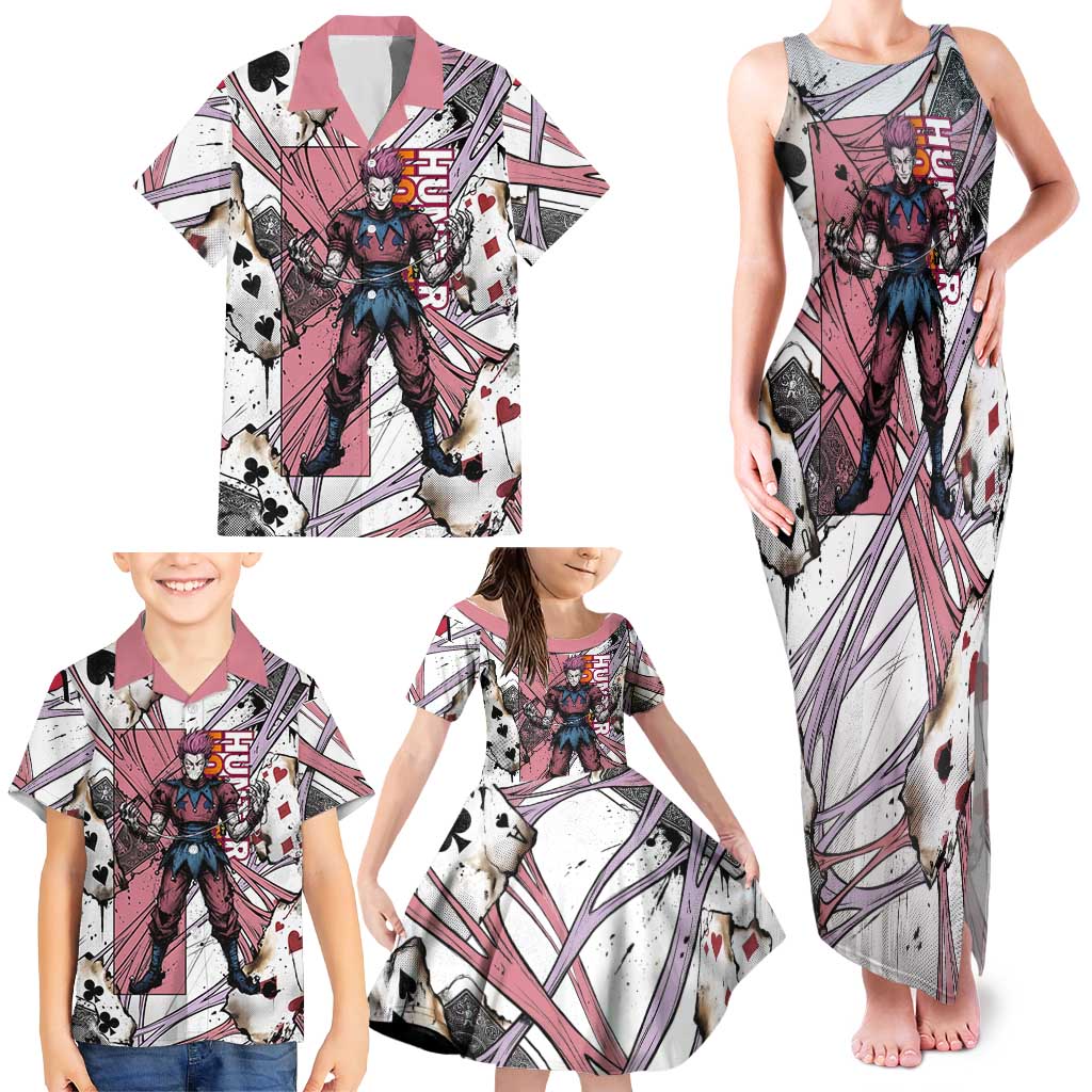 Hisoka Morow Playing Card Theme Family Matching Tank Maxi Dress and Hawaiian Shirt with Magic Aura and Artistic Anime Illustration