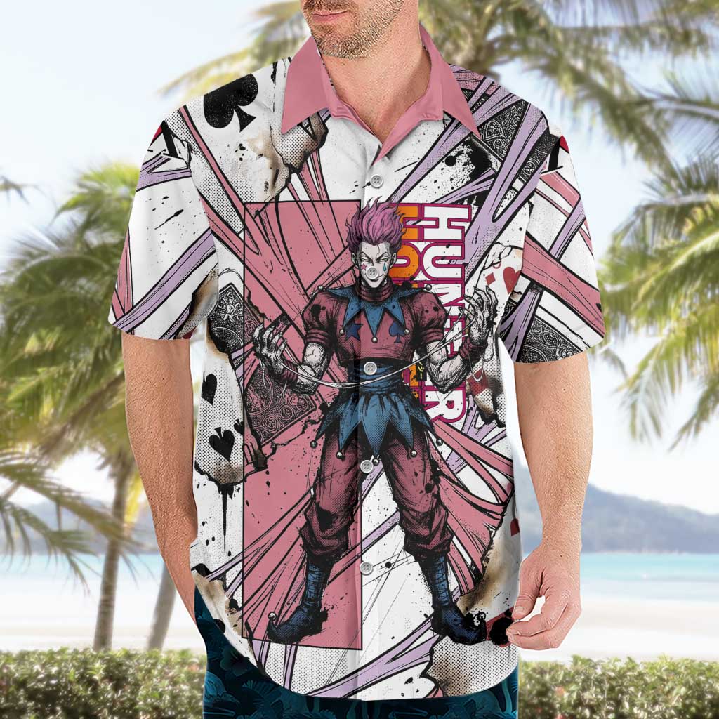 Hisoka Morow Playing Card Theme Hawaiian Shirt with Magic Aura and Artistic Anime Illustration - The Mazicc