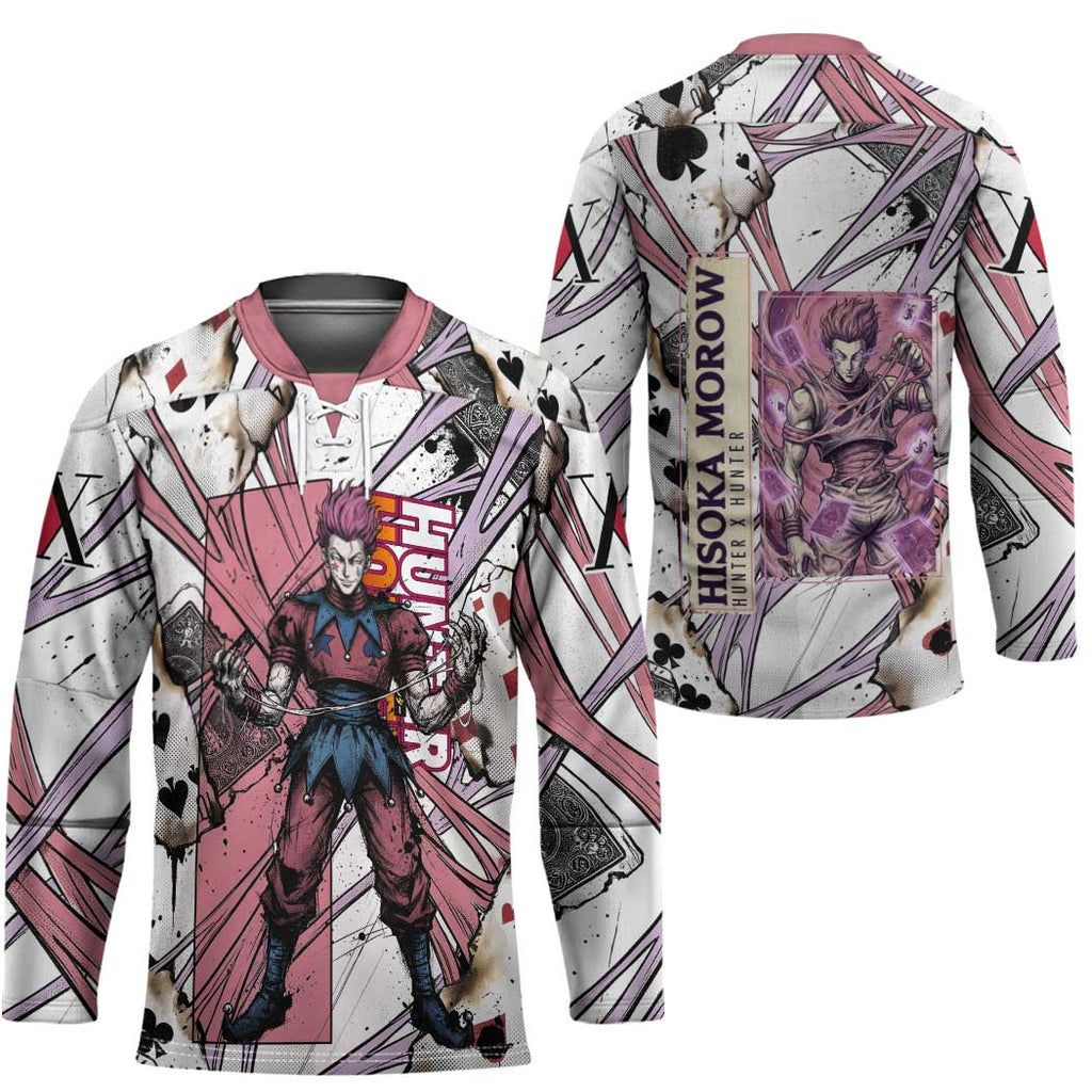 Hisoka Morow Playing Card Theme Hockey Jersey with Magic Aura and Artistic Anime Illustration - The Mazicc