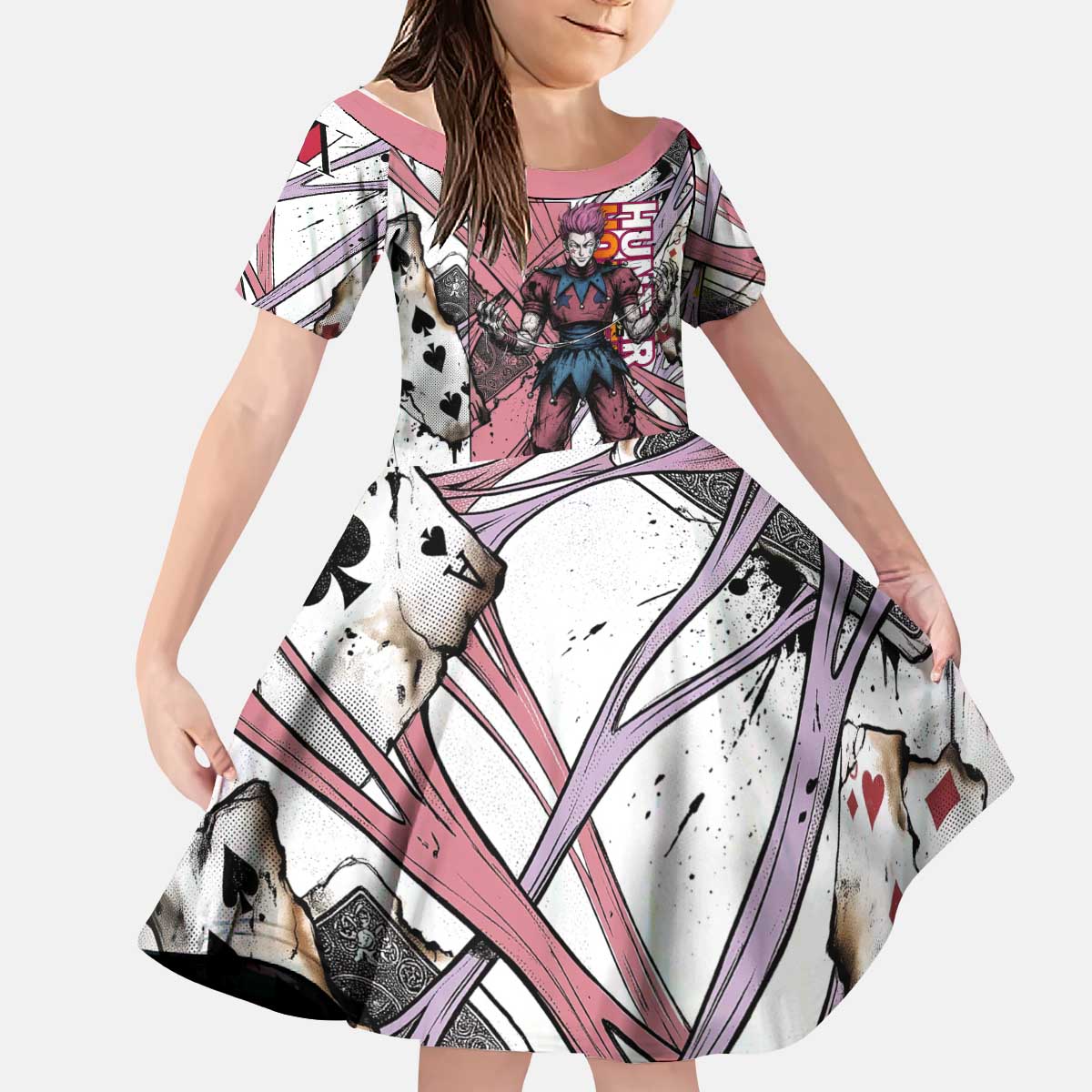 Hisoka Morow Playing Card Theme Kid Short Sleeve Dress with Magic Aura and Artistic Anime Illustration - The Mazicc