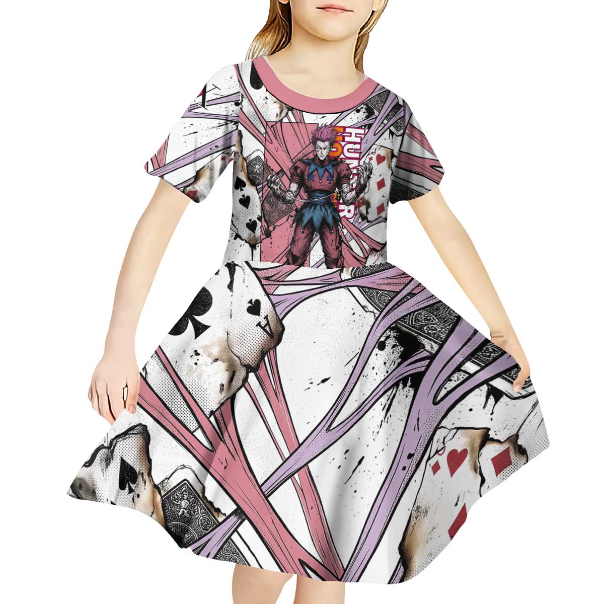 Hisoka Morow Playing Card Theme Kid Short Sleeve Dress with Magic Aura and Artistic Anime Illustration - The Mazicc