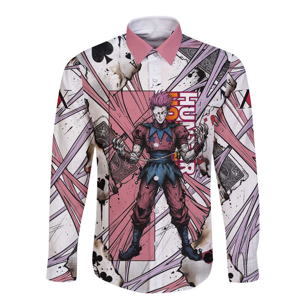 Hisoka Morow Playing Card Theme Long Sleeve Button Shirt with Magic Aura and Artistic Anime Illustration - The Mazicc
