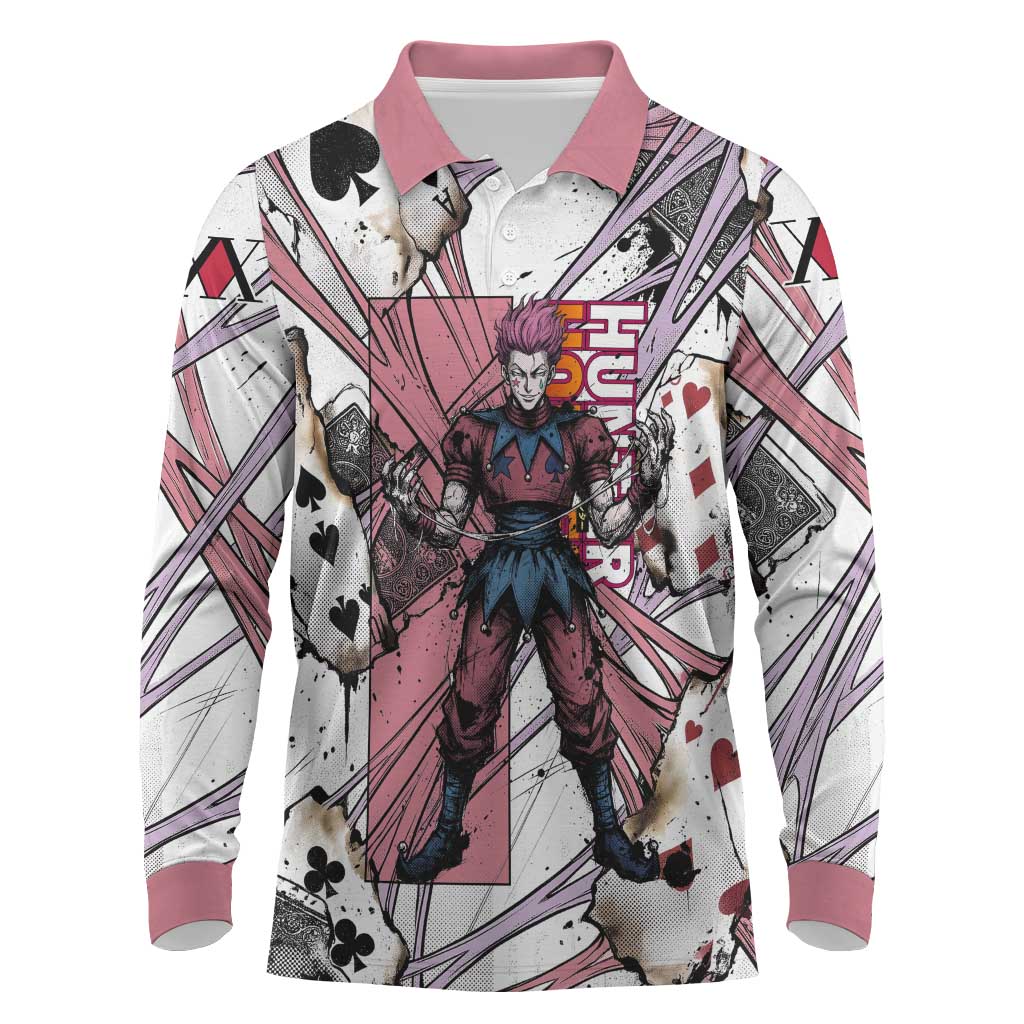 Hisoka Morow Playing Card Theme Long Sleeve Polo Shirt with Magic Aura and Artistic Anime Illustration - The Mazicc